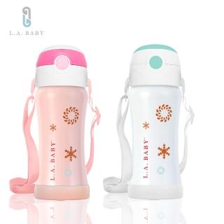 【L.A. Baby】316超輕量保溫保冷兒童揹帶水壺 270ml(珍珠白 瑰蜜粉)