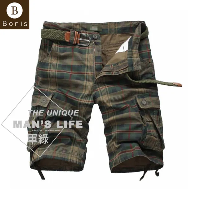 【Boni’s】純棉格紋多口袋工裝短褲 M-2XL(黃綠 / 軍綠)