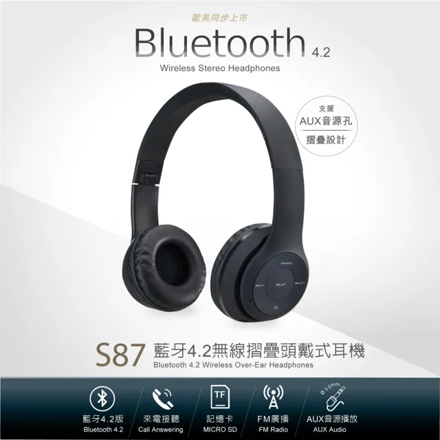 【E-books】S87 頭戴式藍牙耳機(摺疊/接聽/贈音源線)