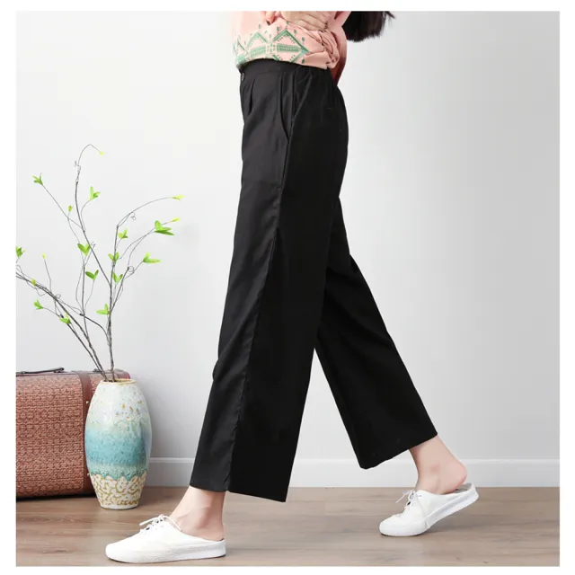 【RH】棉麻彈性褲頭薄款寬鬆8分闊褲(透氣涼爽特價199出清活動中)