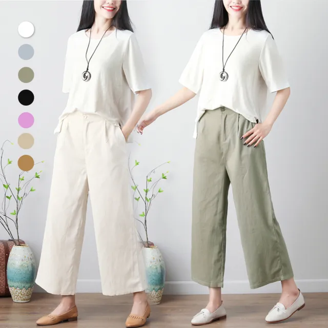 【RH】棉麻彈性褲頭薄款寬鬆8分闊褲(透氣涼爽特價199出清活動中)