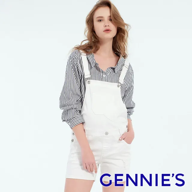 【Gennies 奇妮】涼感微抓破造型吊帶褲-白(孕婦褲 吊帶短褲 可調吊帶 雙口袋)