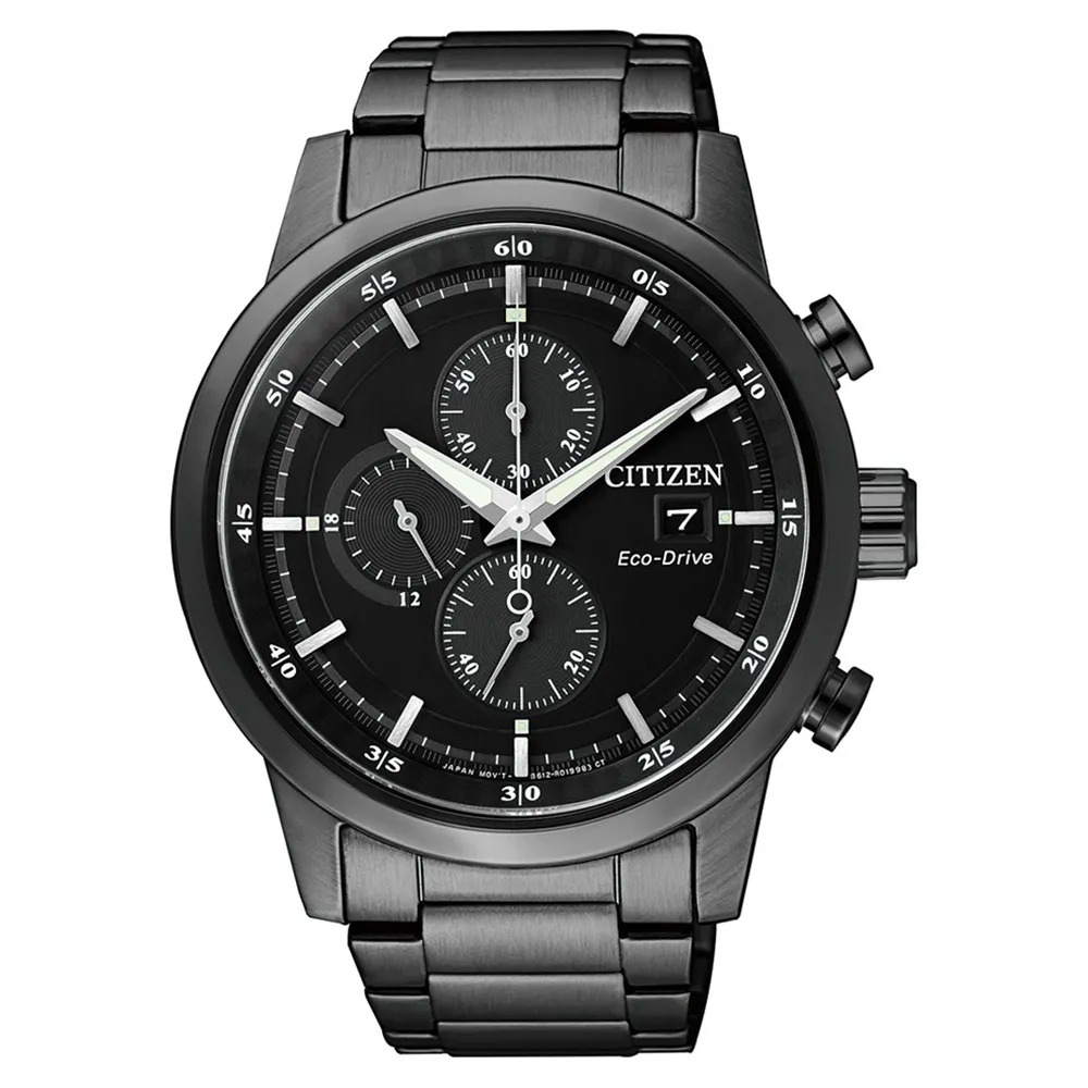 【CITIZEN 星辰】GENTS光動能簡約時尚三眼計時腕錶-黑43mm(CA0615-59E)