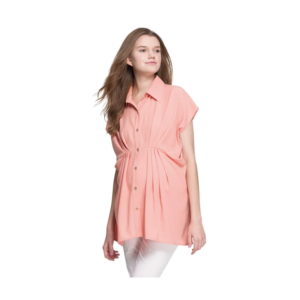 【Gennies 奇妮】春色立體壓褶修身排扣襯衫上衣(粉橘C3702)