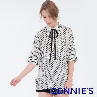 【Gennies 奇妮】復古圓點造型綁帶上衣-白底黑點(孕婦裝 襯衫領 五分袖 親膚)