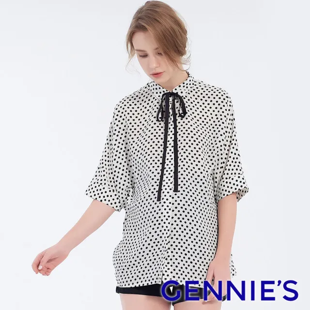 【Gennies 奇妮】復古圓點造型綁帶上衣-白底黑點(孕婦裝 襯衫領 五分袖 親膚)