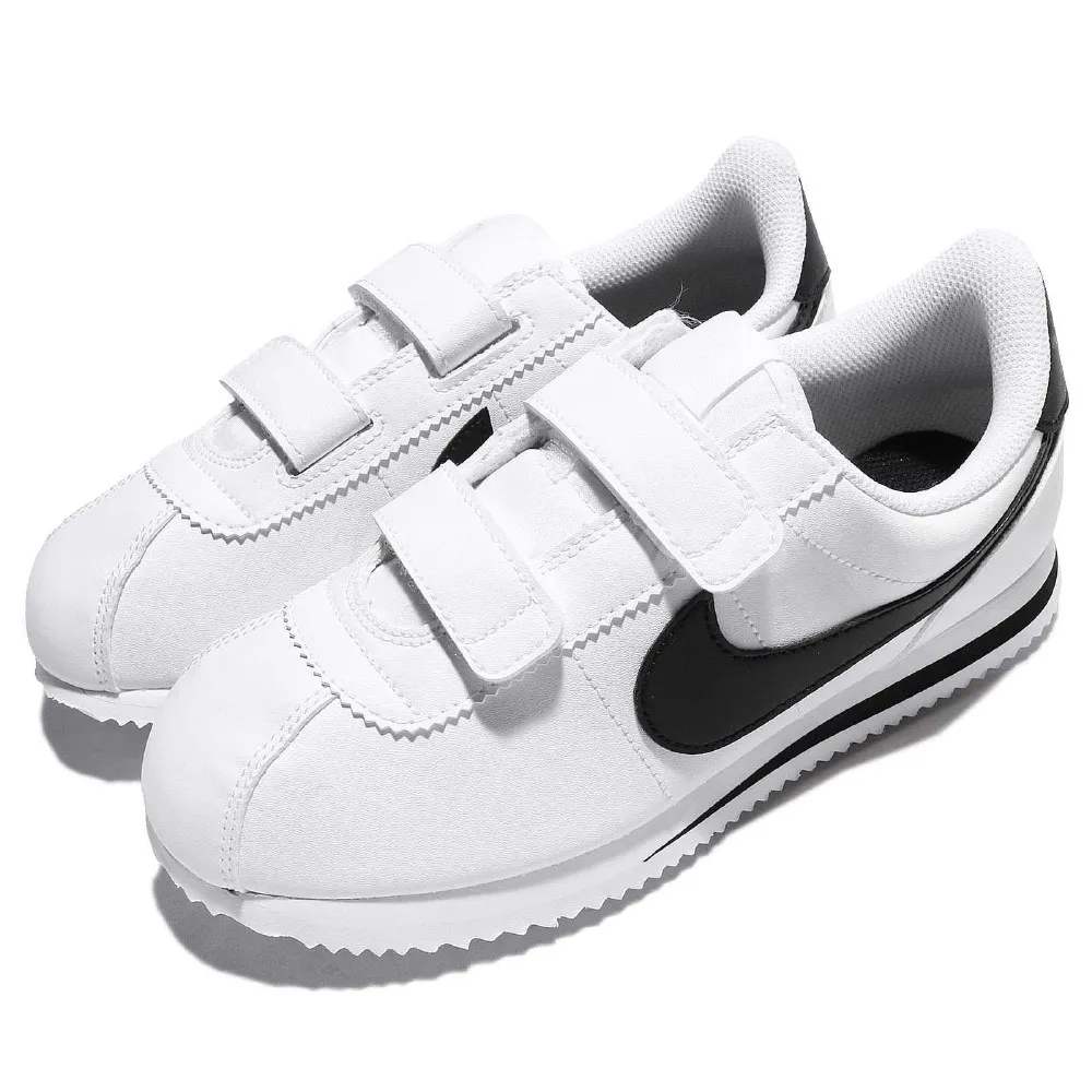 【NIKE 耐吉】慢跑鞋 Cortez 運動 童鞋 低筒 阿甘鞋 魔鬼氈 經典 中童 白 黑(904767-102)