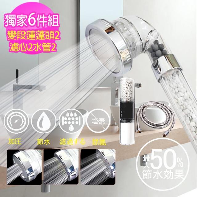【神膚奇肌】三段蓮蓬頭超值6件組(變段蓮蓬頭x2+不鏽鋼水管x2+替換濾心x2)