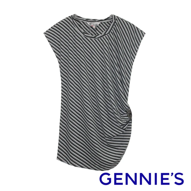 【Gennies 奇妮】率性條紋側邊蝴蝶綴飾上衣(黑綠條紋C3338)