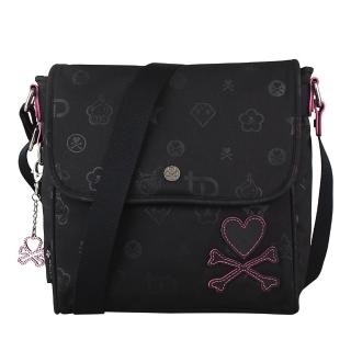 【TOKIDOKI】經典粉紅車線LOGO反光小圖風格尼龍釦式斜揹包(黑)