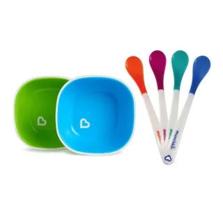 【美國munchkin滿趣健】防滑碗2入+感溫安全湯匙4入