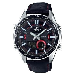 【CASIO 卡西歐】EDIFICE EFV-C100L-1A 雙顯男錶 皮革錶帶 黑X紅 防水100米(EFV-C100L-1A)