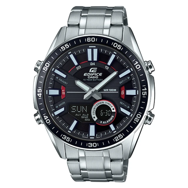 【CASIO 卡西歐】EDIFICE EFV-C100D-1A 雙顯男錶 不鏽鋼錶帶 黑X紅錶面 防水100米(EFV-C100D-1A)