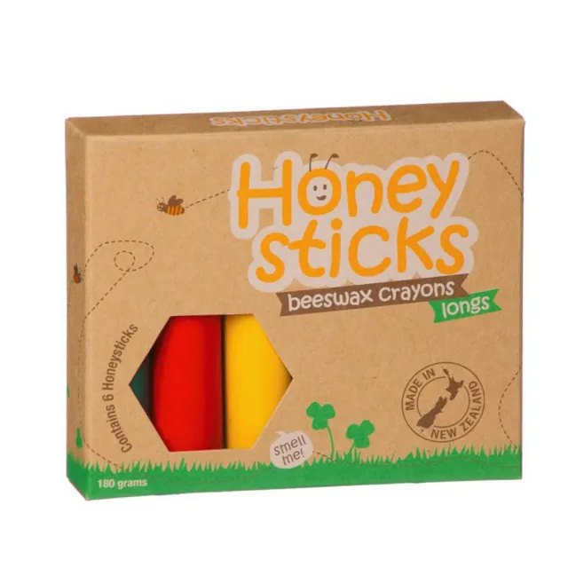 【紐西蘭 Honey Sticks Crayons】純天然蜂蠟無毒蠟筆-幼童適用-3歲以上(胖長款-共6色)