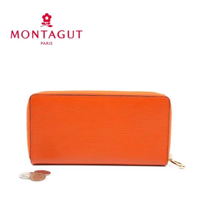 【MONTAGUT 夢特嬌】經典LOGO波浪壓紋頭層真皮長夾(12卡5夾1零)