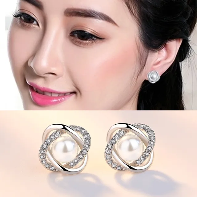 【Emi 艾迷】韓國925銀針華麗鋯石珍珠揉合耳環