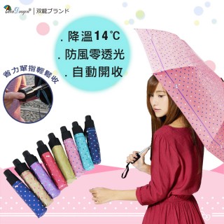 【雙龍牌】降溫14度凱蒂風圓點單指超輕收黑膠自動開收傘折傘(晴雨傘抗UV防曬自動傘B8089)