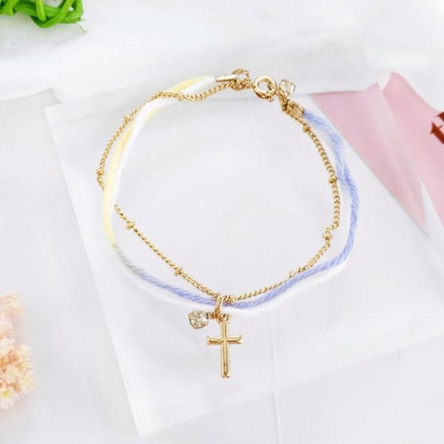 【Angel】漸層炫彩棉繩十字水鑽手鍊(紫色)