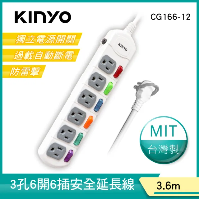 【KINYO】6開6插安全延長線3.6M(CG166-12)