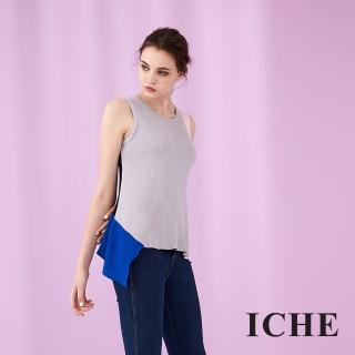【ICHE 衣哲】時尚氣質撞色印花羅紋針織無袖造型上衣-兩色-灰