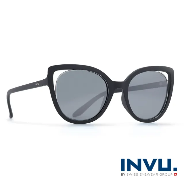 【INVU瑞士】來自瑞士濾藍光偏光貓眼簍空水銀太陽眼鏡(黑 T2811A)