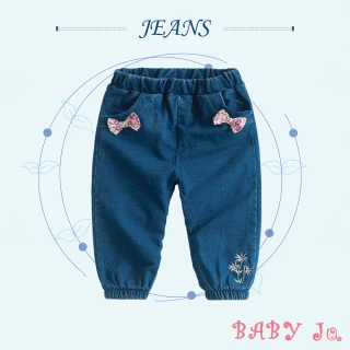 【BABY Ju 寶貝啾】蝴蝶結繡花牛仔褲(藍色)