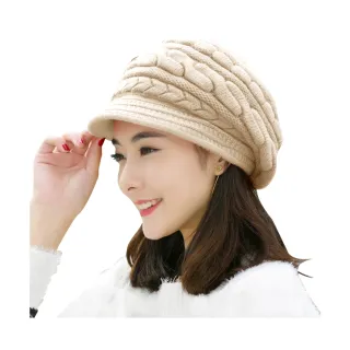 【幸福揚邑】麻花針織毛線帽防風保暖加絨貝蕾帽兔毛帽(米白)