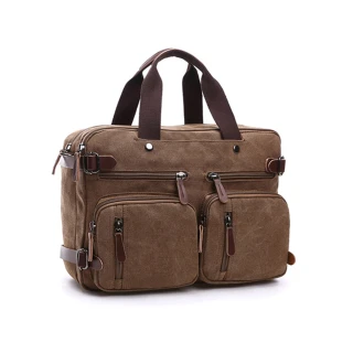 【CAMO】帆布三用後背包手提包電腦包(咖啡色)
