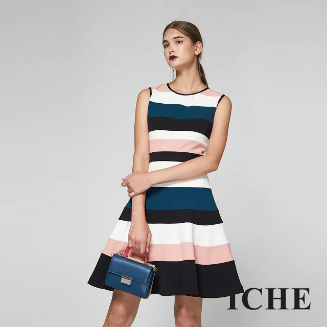 【ICHE 衣哲】時尚撞色設計拼接傘擺造型禮服洋裝