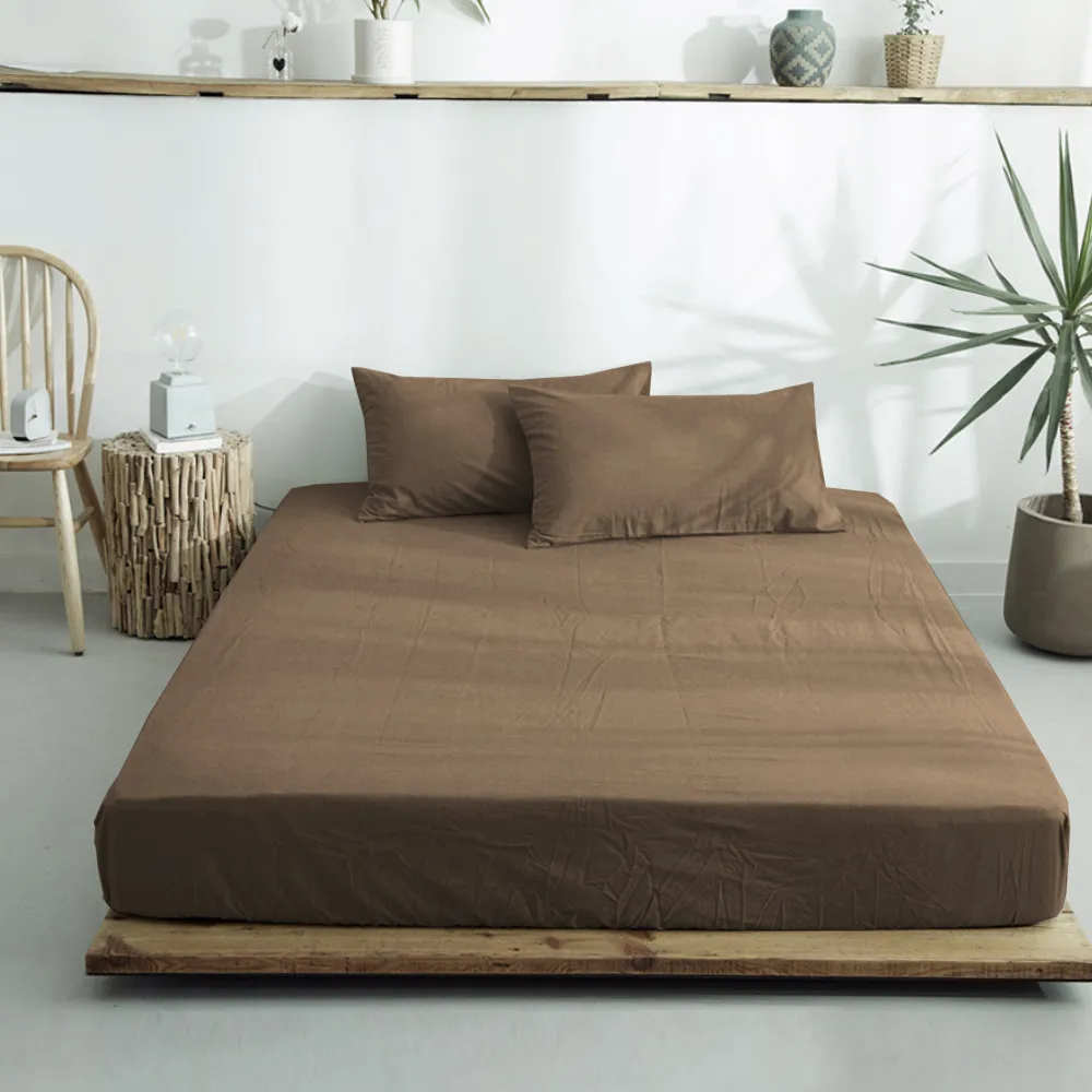 【Simple Living】精梳棉素色三件式枕套床包組 復古咖(加大)