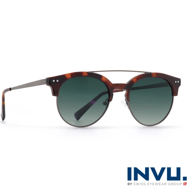 【INVU瑞士】來自瑞士濾藍光偏光雙樑復古圓眉框聯名款太陽眼鏡(玳瑁 M2801B)