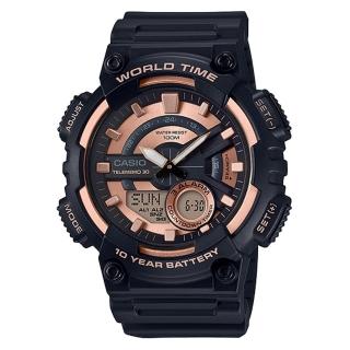 【CASIO 卡西歐】世界地圖設計造型概念雙顯錶-黑X玫瑰金(AEQ-110W-1A3)