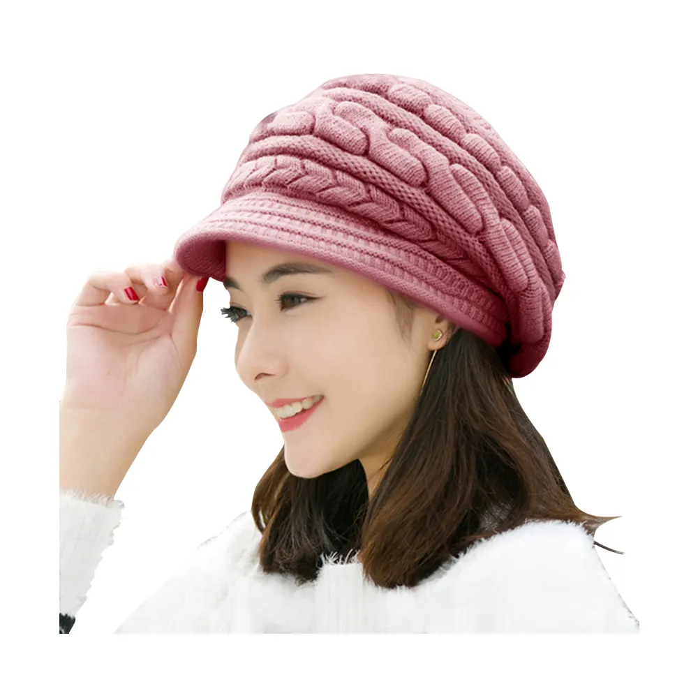 【幸福揚邑】麻花針織毛線帽防風保暖加絨貝蕾帽兔毛帽(粉紫)