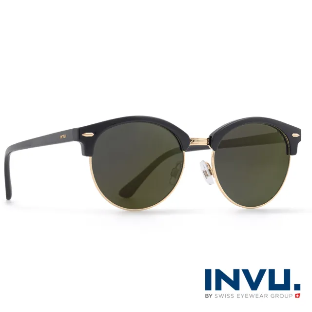 【INVU瑞士】來自瑞士濾藍光偏光經典上眉圓框水銀黃太陽眼鏡(黑 T1805A)