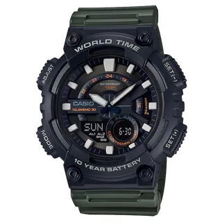 【CASIO 卡西歐】世界地圖設計造型概念雙顯錶-墨綠X黑(AEQ-110W-3A)