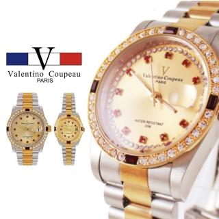 【Valentino Coupeau】四方紅鑽內紅鑽金銀不鏽鋼殼帶手錶(範倫鐵諾 古柏 VCC)