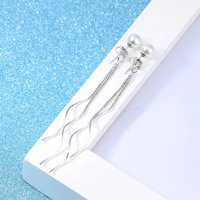 【Emi 艾迷】韓系 925銀針 優雅典範珍珠水波流線垂墜 耳環