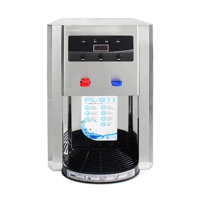 POLAR普樂 PL-811 桌上型飲水機，提供溫水與熱水，臺灣原廠製造，採用不鏽鋼、PP與矽膠材質，尺寸300(W)x280(D)x500(H)mm，儲水總容量7公升以下，電壓110V、頻率60Hz、消耗功率500~600W，BSMI認證R54919，保固1年。適閤家庭辦公室使用，高效能加熱，安全耐用，優質臺灣飲水裝置選擇。