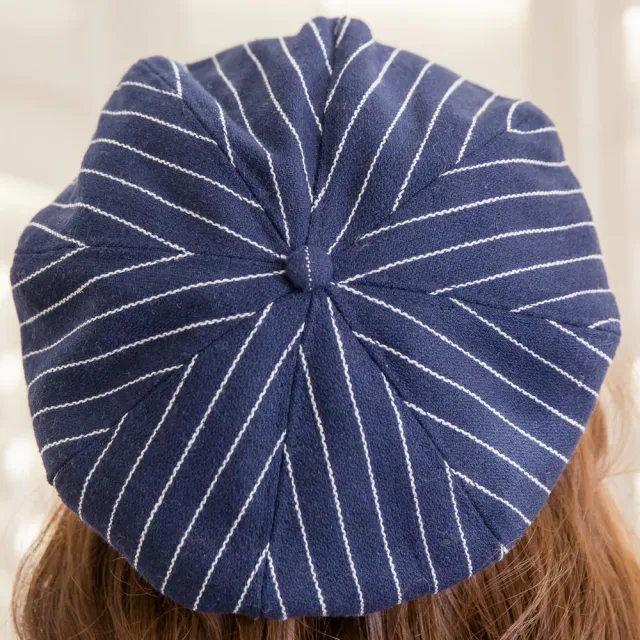 【Wonderland】復古百搭條紋八角帽報童帽(藍)