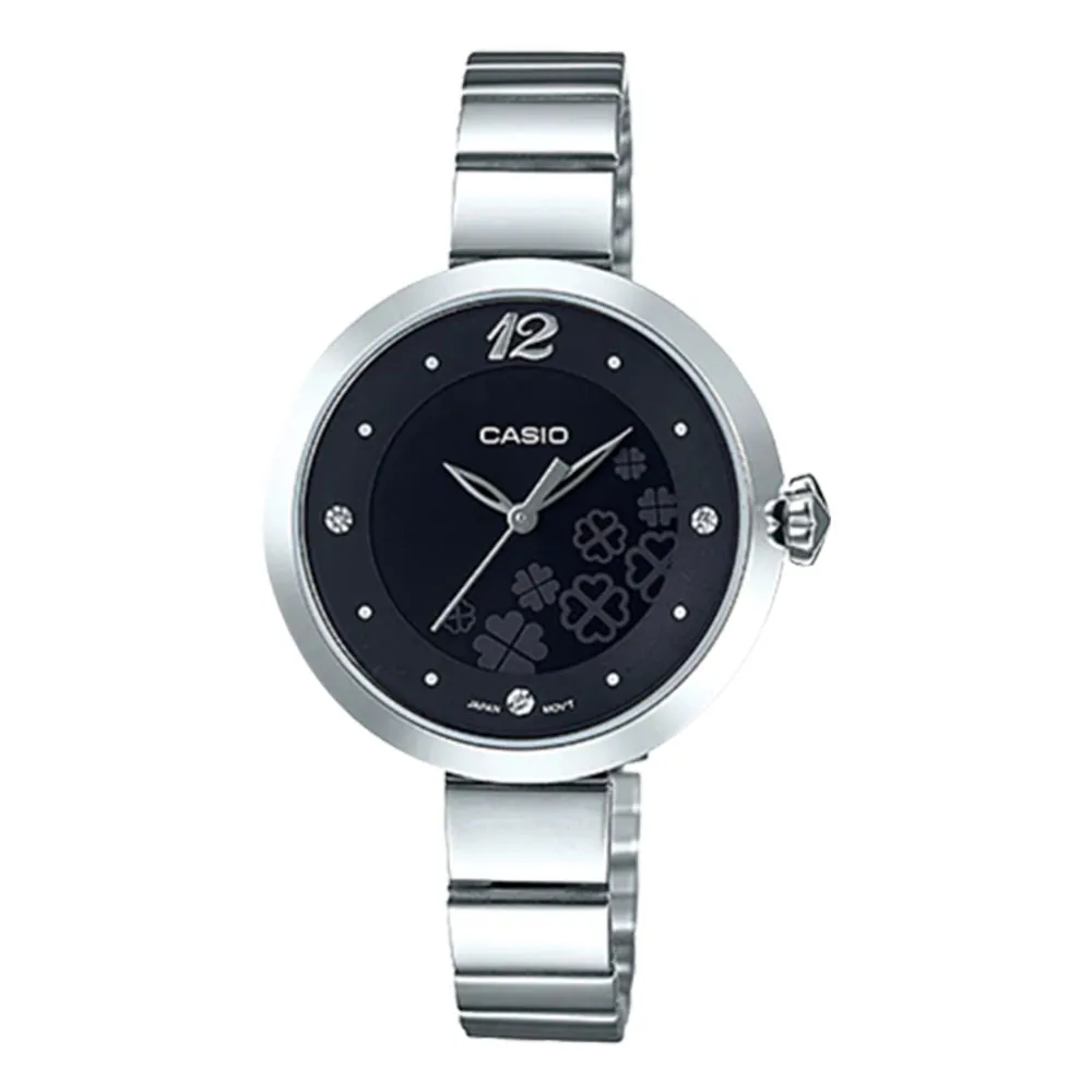 【CASIO 卡西歐】秀氣指針女錶 不鏽鋼錶帶 黑色/粉色/銀白色錶面 防水 可愛四葉草圖樣(LTP-E154D-1A)