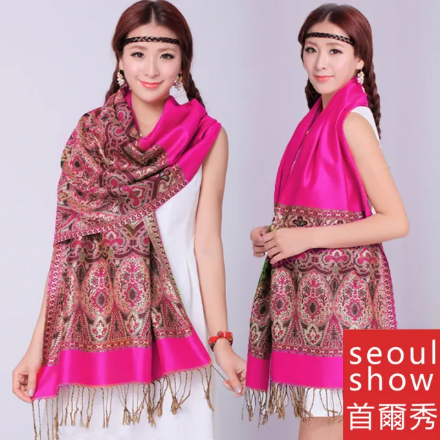 【Seoul Show首爾秀】波西風情 純棉編織圍巾披肩 玫紅(防寒保暖)