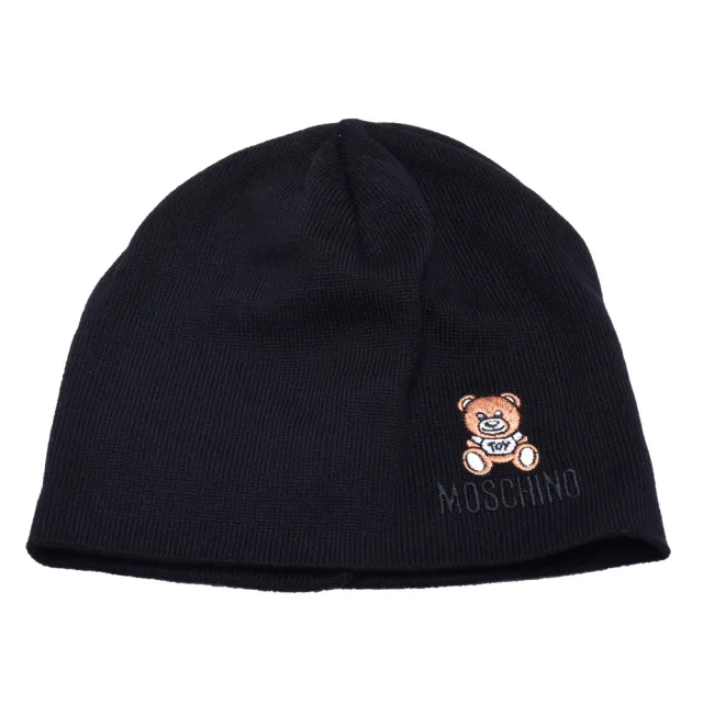 【MOSCHINO】經典品牌字母泰迪熊刺繡圖案針織毛帽(黑色65032 M1679-003)