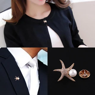 【JC Collection】時尚海星+珍珠鑲鑽多方面搭配刺馬針別針(香檳金)