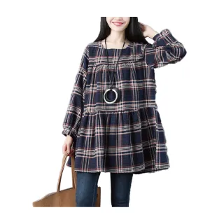 【Alishia】文藝方格子寬鬆長袖上衣 M-2XL(紅格紋 / 藍格紋 / 米格紋)