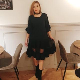 【BBHONEY】韓國空運法式女伶透視拼接珍珠蝴蝶結中袖雪紡洋裝(網美必備款)
