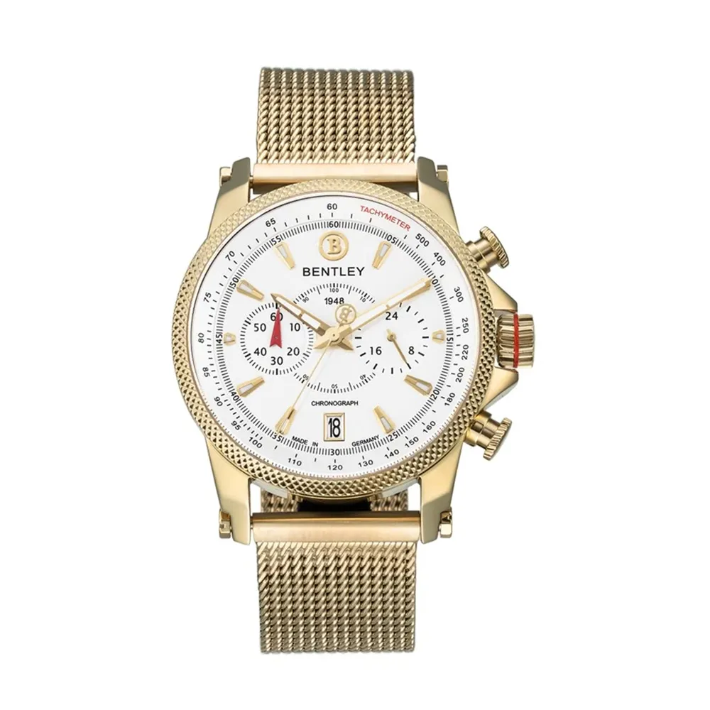 【Bentley 賓利】RACING系列 競速美學計時手錶(白面/金色鋼帶 BL1694-20KWI-M)