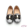 【effie】個性美型 真皮蝴蝶結飾釦奈米平底鞋(灰色)