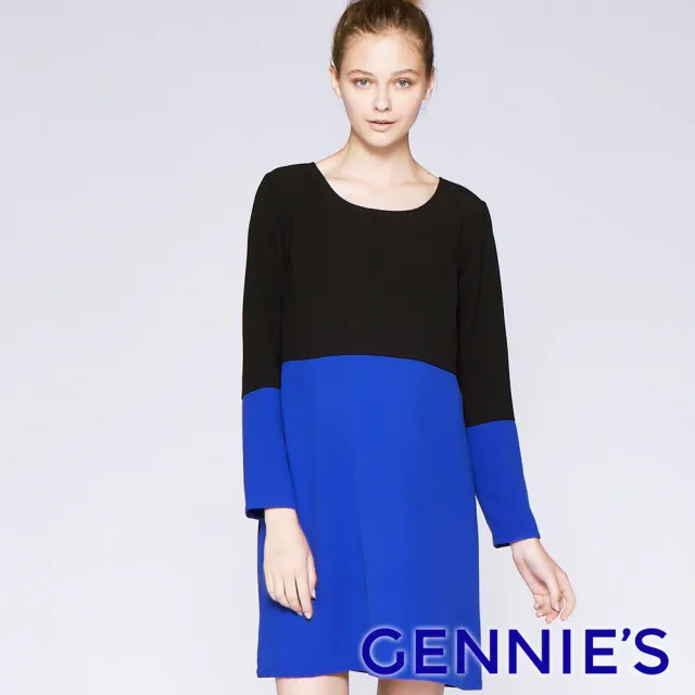 【Gennies 奇妮】撞色拼接洋裝(黑藍C1C04)