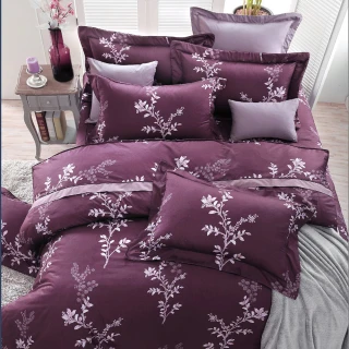 【Green  綠的寢飾】精梳棉植物花卉六件式兩用被床罩組繁葉雅緻紫(特大)