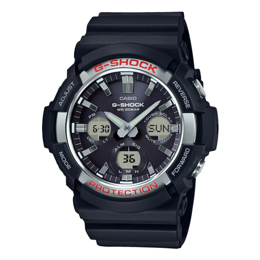 【CASIO 卡西歐】G-SHOCK 太陽能雙顯男錶 樹脂錶帶 黑 防水200米 世界時間(GAS-100-1A)